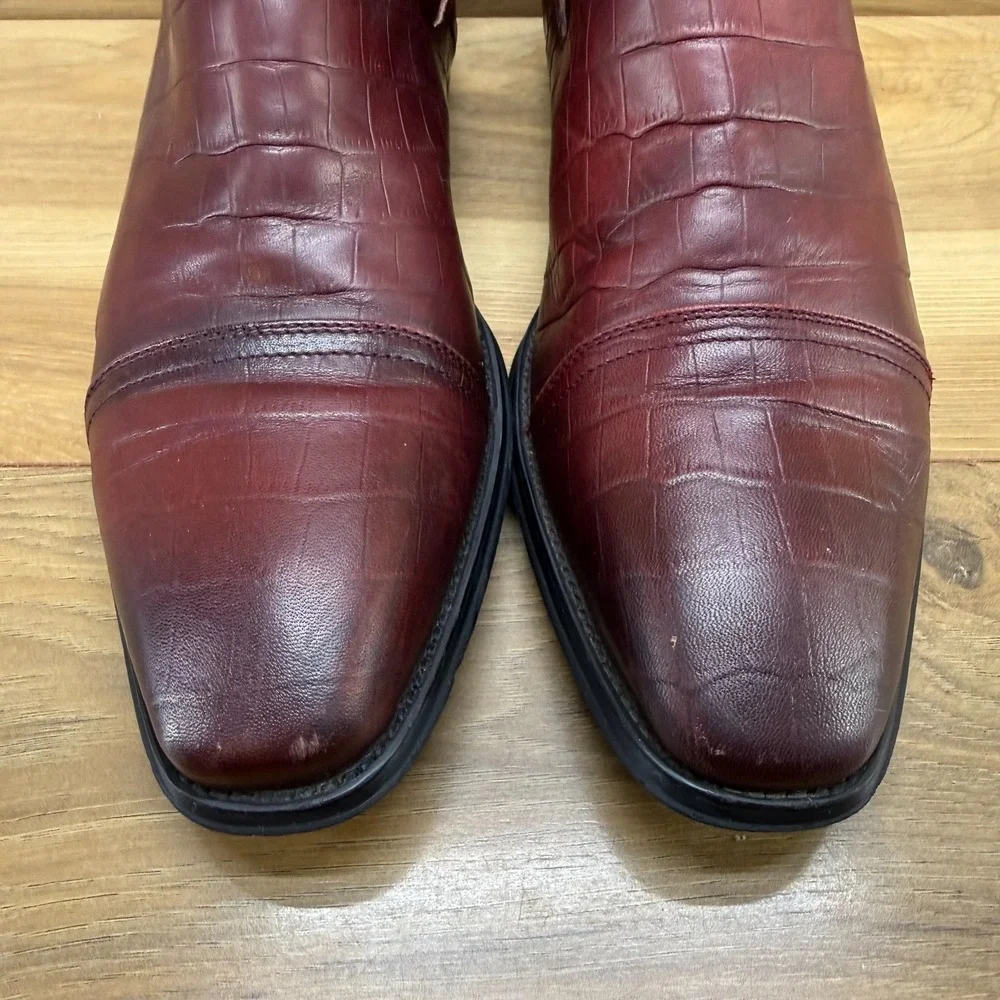 Salvatore Ferragamo Chelsea Boots Mens 8 EU 42 Burgundy Croc Embossed Square Toe